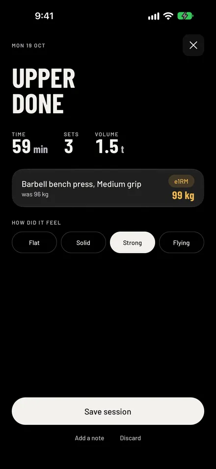 nuku in plain black on the Finish screen, with a new bench press best.